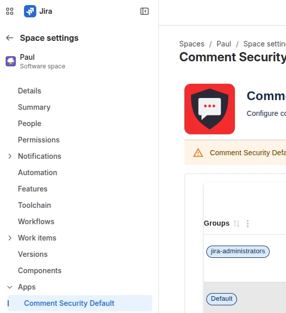 Comment Security Default — Space Config Menu Item